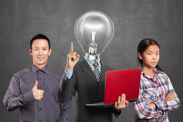 Asian team and Lamp Head Man And Business Team