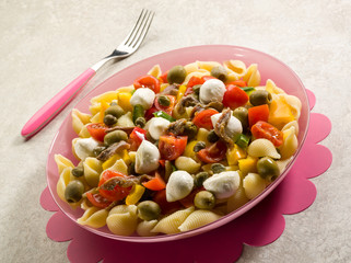 cold pasta salad with mozzarella tomatoes capers and anchovies