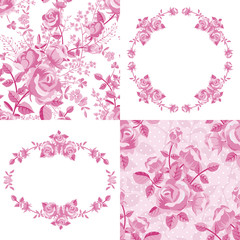 Set of roses floral patterns and frames in pink