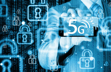 businessman holding in hand 5G, technology background