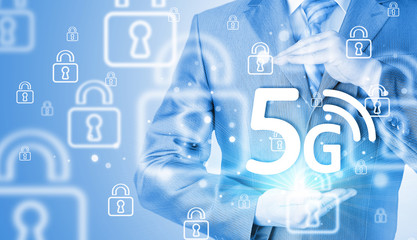 businessman holding in hand 5G, technology background