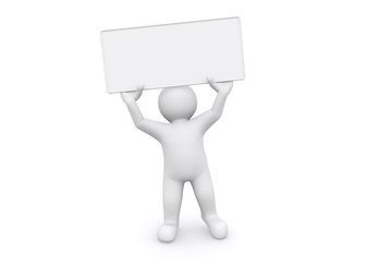 3d white man holding empty board on white background.