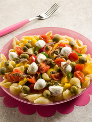 cold pasta salad with mozzarella tomatoes capers and anchovies