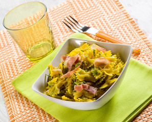 butterfly pasta with speck zucchinis saffron