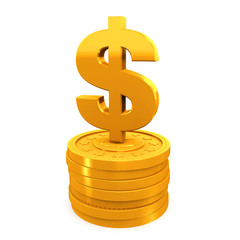 Dollar sign on stack of golden coins.