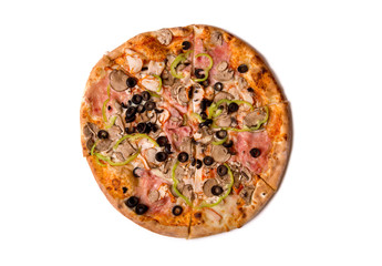 Top view of tasty Italian pizza with ham, mushrooms, and olives