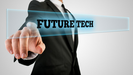 Businessman Ticking a Glass with Future Tech Label