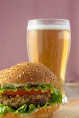 Burger and glass of beer