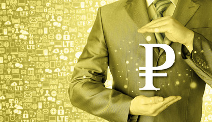 businessman protecting ruble  symbol