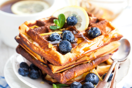 Lemon Blueberry Waffles With Honey