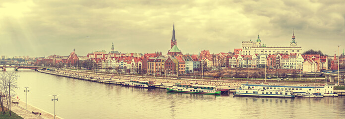 Retro vintage stylized panoramic picture of Szczecin, Poland.