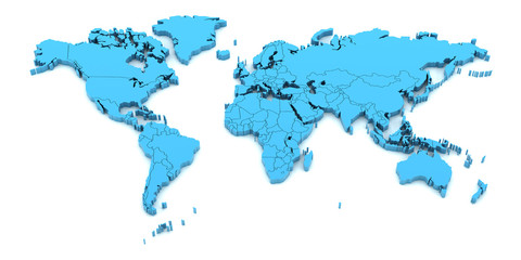 Detail world map with national borders, 3d render
