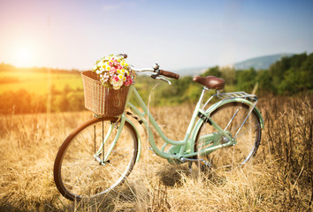 Naklejka na ściany i meble Vintage bicycle with basket full of flowers standing in field