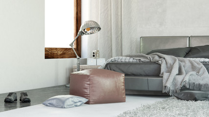 Modern Home Bedroom with Ottoman and Lamp Stand