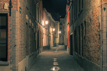 Cityscape with a picturesque night street in Bruges