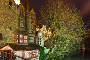 Picturesque night canal in Bruges, Belgium