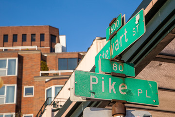 Pike place street sign in downtown Seattle