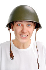 Teenager in Military Helmet