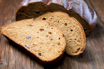 Pieces of rye bread  on a rural table