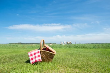 Afwasbaar Fotobehang Picknick Picknickmand op het platteland