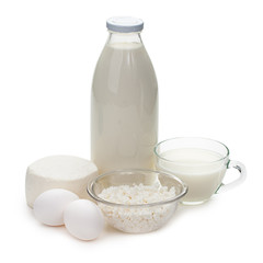 Obraz na płótnie Canvas Bottle with milk, eggs and cheese