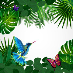 Tropical leaves with birds, butterflies. Floral design backgroun