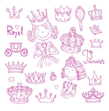 Princess crown set, hand drawn vector.