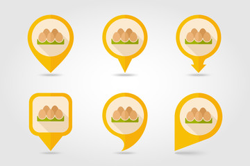 Chicken eggs in a tray flat mapping pin icon with long shadow