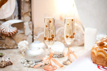 Wedding glasses of champagne on table