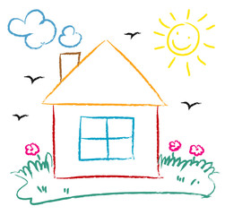 drawing children with house, sun and flowers - obrazy, fototapety, plakaty