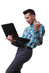 Man With Microphone Holding Laptop On White Background