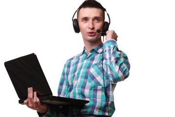Young Man with Headset Holding Laptop - Call center man with hea