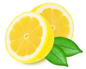 Fototapeta na wymiar Juicy yellow lemons with leaves on a white background isolated