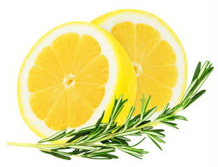 Juicy lemon with a sprig of rosemary on isolated background