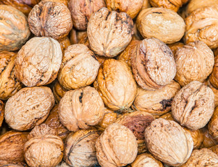 Dried whole walnuts on market in Catania, Sicily