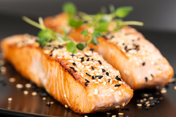 Grilled salmon on black plate