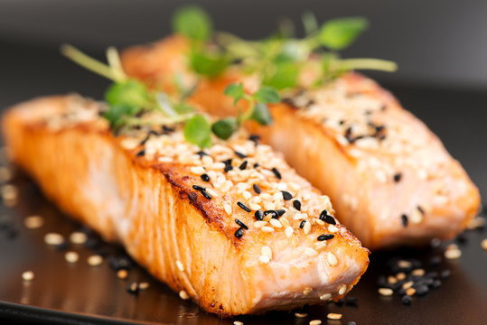 Grilled salmon on black plate