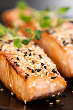 Grilled salmon on black plate selective focus