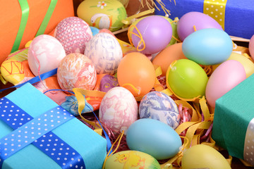 Easter setting with gift box and spring decoration