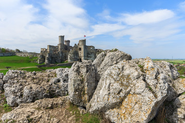 Ogrodzieniec castle in spring landscape of Poland