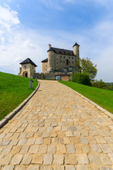Fototapeta na wymiar Cobblestone walkway to Bobolice castle in spring time, Poland