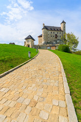 Cobblestone walkway to Bobolice castle in spring time, Poland