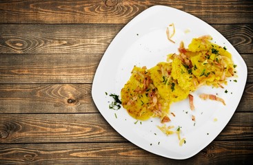 Broccoli. Pasta with broccoli and shrimp on a plate, top view