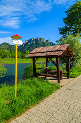 Bus stop near Dunajec river in Pieniny Mountains, Poland