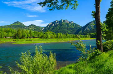 Dunajec river in spring landscape of Pieniny Mountains, Poland