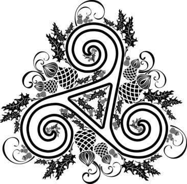 black and white image Celtic triad with flowers of thistles