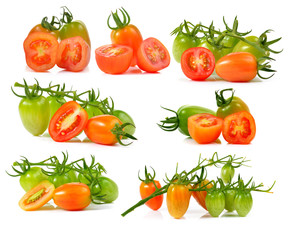 set of cherry tomatoes isolated on white background