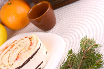 sweet cake on white plate and fruits