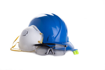 blue helmet and protecting mask and eye glasses