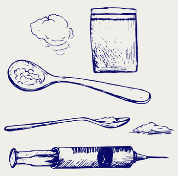 Drug syringe. Cooked heroin on spoon. Doodle style